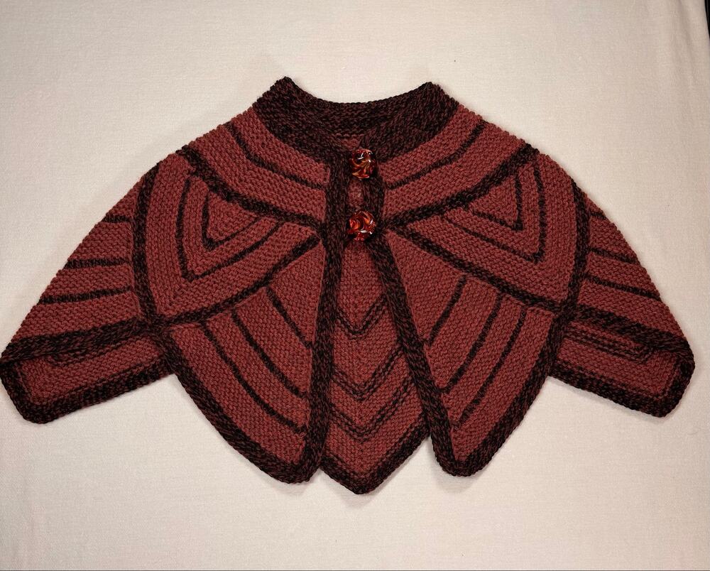 Hand Knit Rust Brown Geometric Capelet Bolero Shrug Statement Buttons